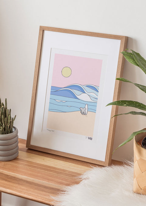 Surfing Koala and Waves Timing Sets Art Print - Brentos